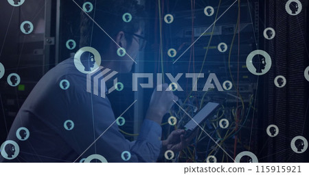 Image of grid of people icons over asian male technician working in server room 115915921