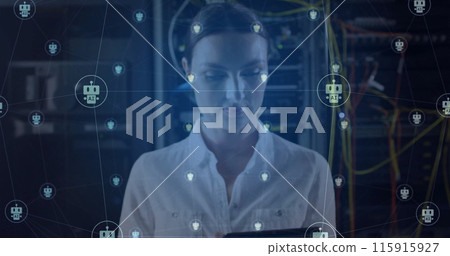 Image of ai chatbot icons over caucasian female technician working in server room 115915927
