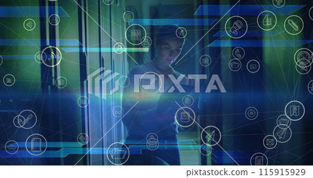 Image of floating media icons over caucasian female technician working in server room 115915929