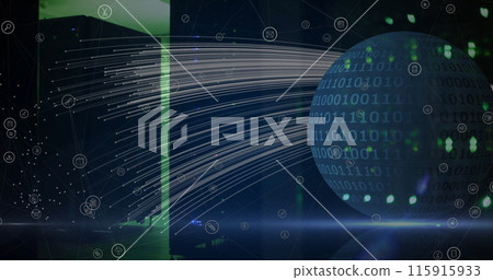 Image of globe of binary coding transferring data streams over dark computer server room Image of globe of binary coding transferring data streams over dark computer server room 115915933