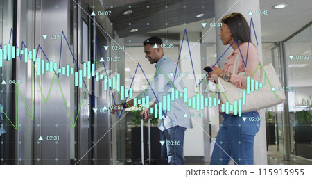 Image of graphs with changing numbers, diverse coworkers waiting for elevator in office Image of graphs with changing numbers, diverse coworkers waiting for elevator in office 115915955