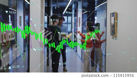 Image of graphs and changing numbers, diverse coworkers discussing in corridor of office 115915958