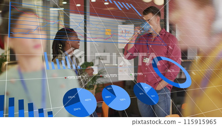 Image of multiple graphs, changing numbers over diverse coworkers discussing while drinking tea 115915965