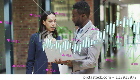 Image of multiple graphs with changing numbers, diverse coworkers discussing reports on laptop Image of multiple graphs with changing numbers, diverse coworkers discussing reports on laptop 115915972