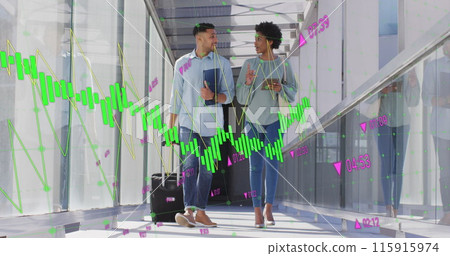 Image of numbers, diverse coworkers with trolley bag discussing while walking in corridor Image of numbers, diverse coworkers with trolley bag discussing while walking in corridor 115915974