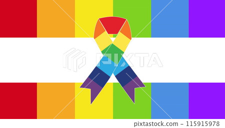 Image of rainbow ribbon over rainbow flag on white background 115915978