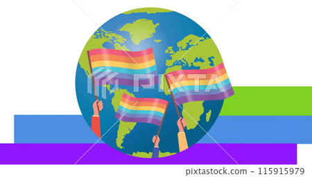Image of globe with rainbow flags over rainbow colours on white background 115915979