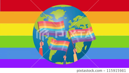 Image of globe with rainbow flags over rainbow colours on white background Image of globe with rainbow flags over rainbow colours on white background 115915981