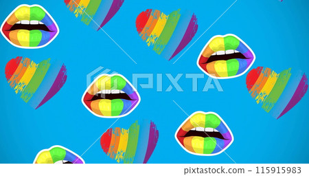 Image of rainbow lips and hearts over blue background 115915983