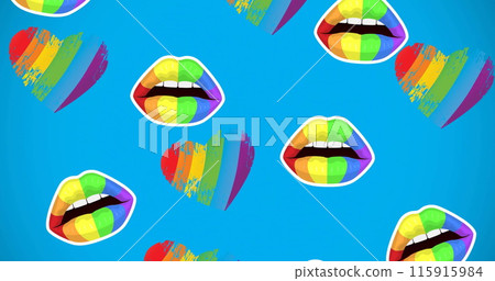 Image of rainbow lips and hearts over blue background 115915984