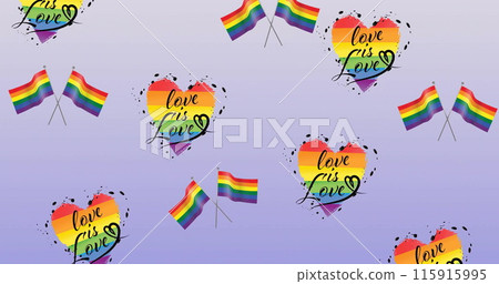 Image of rainbow flags and hearts with love is love texts over blue background Image of rainbow flags and hearts with love is love texts over blue background 115915995