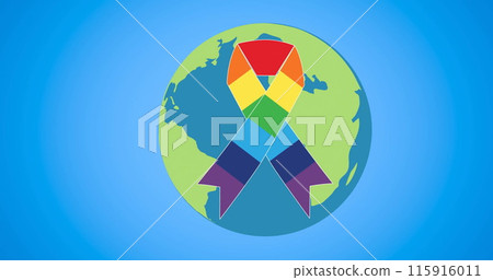 Image of globe with rainbow ribbon over blue background Image of globe with rainbow ribbon over blue background 115916011