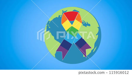 Image of globe with rainbow ribbon over blue background Image of globe with rainbow ribbon over blue background 115916012