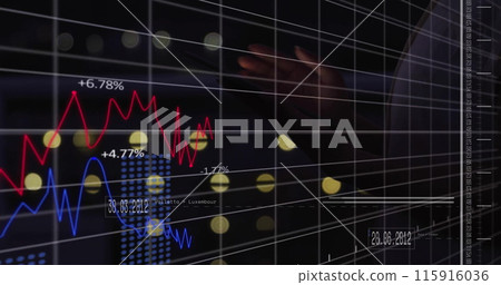 Image of data processing over caucasian woman using tablet 115916036