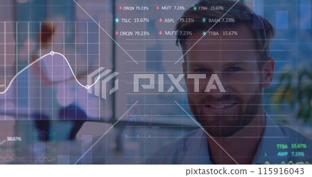 Image of financial data processing over caucasian businessman in office Image of financial data processing over caucasian businessman in office 115916043