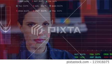 Image of financial data processing over caucasian businesswoman in office Image of financial data processing over caucasian businesswoman in office 115916075