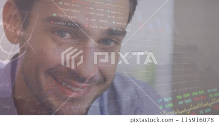 Image of financial data processing over biracial businessman and cityscape 115916078