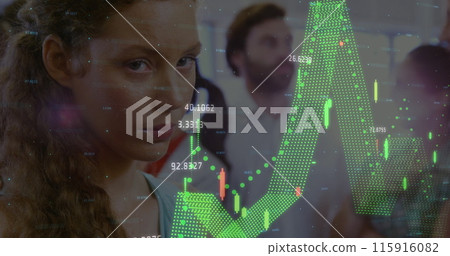 Image of financial data processing over diverse male and female colleagues in office 115916082