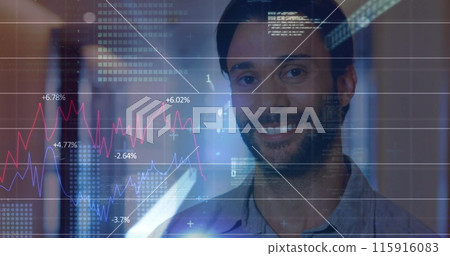 Image of financial data processing over biracial businessman in office Image of financial data processing over biracial businessman in office 115916083