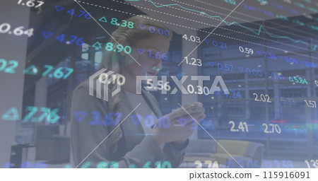Image of financial data processing over caucasian businesswoman using smartphone 115916091