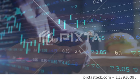 Image of financial data processing over caucasian businesswoman using smartphone in office 115916093