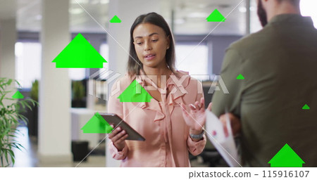 Image of green arrows processing over diverse business people in office 115916107