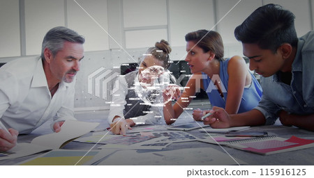 Digital composite of overhead brainstorming in a boardroom between business people with spinning num Digital composite of overhead brainstorming in a boardroom between business people with spinning num 115916125