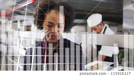 Image of financial data processing over african american businessman in restaurant Image of financial data processing over african american businessman in restaurant 115916127