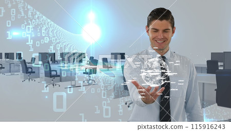 Digital composite image of a businessman holding a turning globe in his hand 4k 115916243