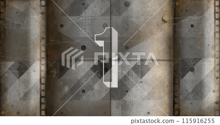 Vertical view of former film countdown image sizzling against a ruined wall in background 4k 115916255