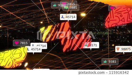 Image of orange patterns with social media notifications over city at sunset Image of orange patterns with social media notifications over city at sunset 115916342