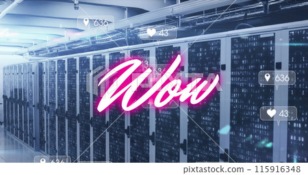 Image of pink text wow, with social media notifications over computer server room 115916348