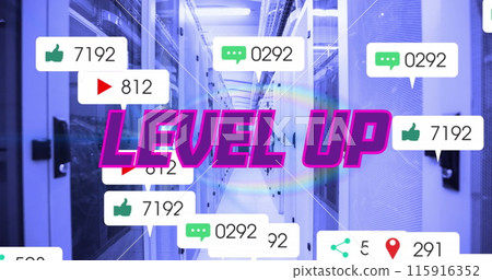 Image of purple text level up, social media notifications and rainbow over computer server room Image of purple text level up, social media notifications and rainbow over computer server room 115916352