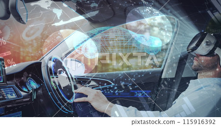Image of data processing over caucasian businessman using vr headset in car Image of data processing over caucasian businessman using vr headset in car 115916392