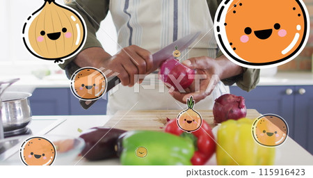 Image of food icons over african american man cutting vegetables Image of food icons over african american man cutting vegetables 115916423