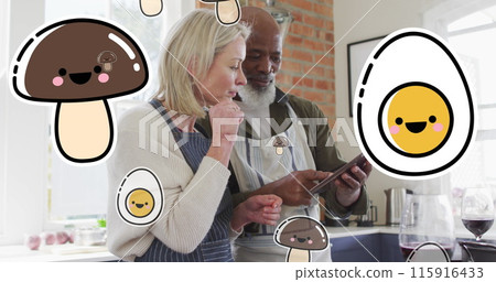Image of food icons over diverse couple using tablet in kitchen 115916433