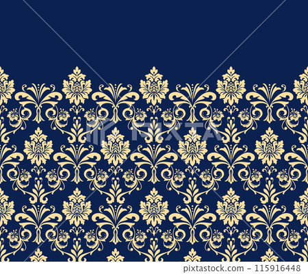 Floral pattern. Vintage wallpaper in the Baroque style. Modern vector background. Golden and dark blue ornament for fabric, wallpaper, packaging. Ornate Damask flower ornament Floral pattern. Vintage wallpaper in the Baroque style. Modern vector background. Golden and dark blue ornament for fabric, wallpaper, packaging. Ornate Damask flower ornament 115916448