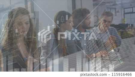 Image of finance data over group of diverse businesspeople working with technology in office 115916466