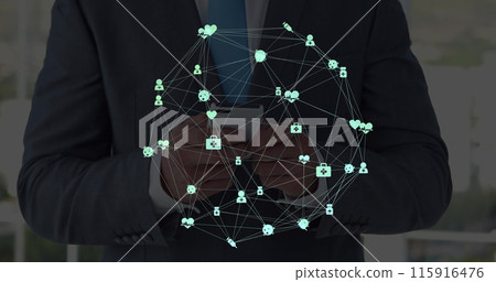 Image of network of connections with icons over men using smartphone 115916476