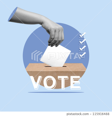 A human hand puts a ballot into a ballot box A human hand puts a ballot into a ballot box 115916488