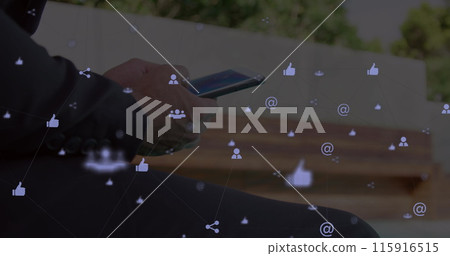 Image of network of connections with icons over men using smartphone 115916515