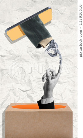 Businessman reaching from smartphone to businessman in box Businessman reaching from smartphone to businessman in box 115916516