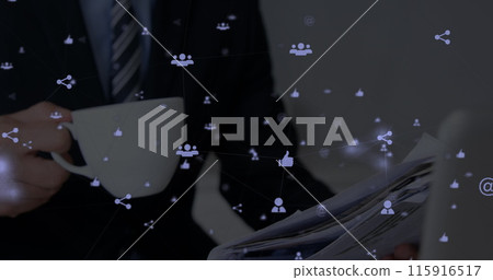 Image of network of connections with icons over men drinking coffee Image of network of connections with icons over men drinking coffee 115916517