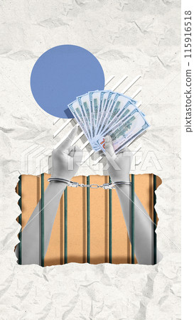 Hands in handcuffs holding bribe behind bars 115916518