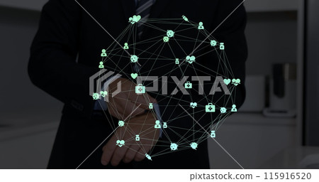 Image of network of connections with icons over men using smartphone 115916520