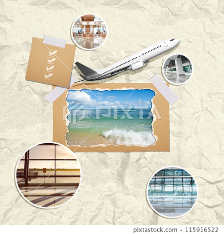 Travel agency is planning summer vacation using photos, airplane model and checklist 115916522