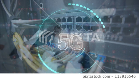 Image of 5g text and scope scanning over server room Image of 5g text and scope scanning over server room 115916546