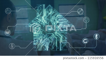 Image of network of connections and computer circuit board over diverse doctors and patients Image of network of connections and computer circuit board over diverse doctors and patients 115916556