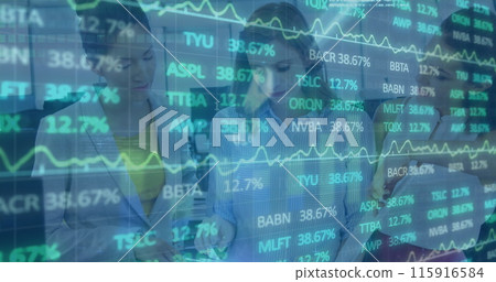 Image of stock market over diverse business people 115916584