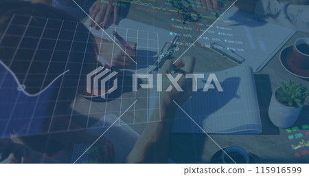 Image of financial data processing and stock market over diverse business people 115916599